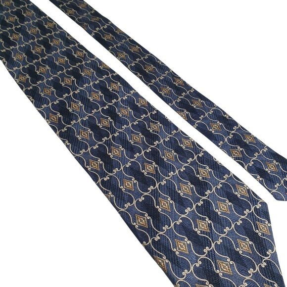 Roundtree Yorke Silk Handmade Tie Navy Blue Gold Geometric Men Vintage Formal - Picture 2 of 5
